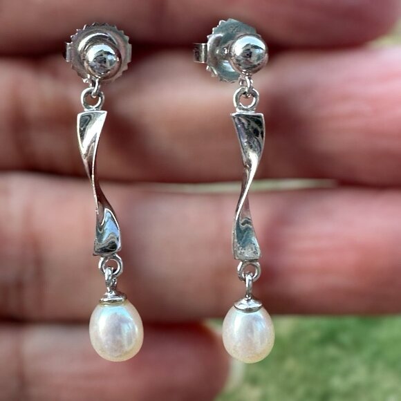 VTG Sterling 925 Twist Stud Dangle Earrings Cultured Pearls 2.4g Modernist 1.25" - Picture 4 of 8